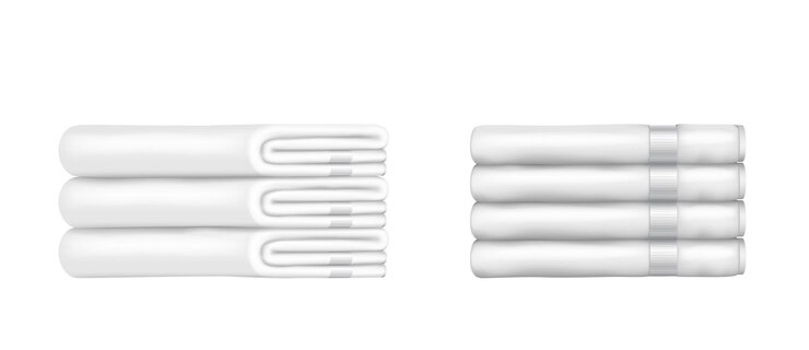 Vector white terry towels folded white and clean isolated on white background. stack of towels for spa, bathroom, pool or hotel room. realistic vector illustration