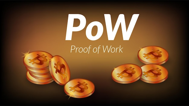 어두운 갈색 배경에 그림자가 있는 비트코인 BTC 동전의 아이소메트릭 스택이 있는 흰색 텍스트 PoW 작업 증명 뉴스 또는 기사 벡터용 배너