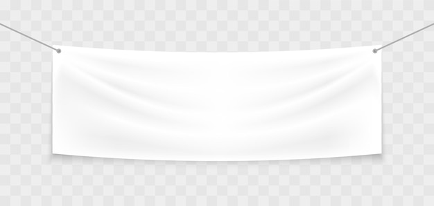 Vector white textile banner on the ropes blank realistic stretched banner with folds