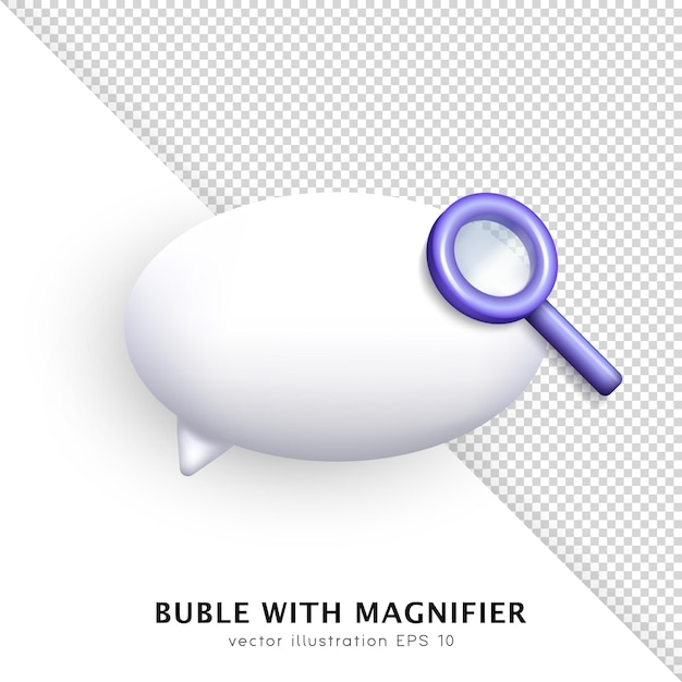 Vector white three dimensional chat bubble with purple magnifying glass. cartoon speech cloud and magnifier