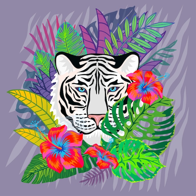 Vector white tiger head in colorful tropical leaves