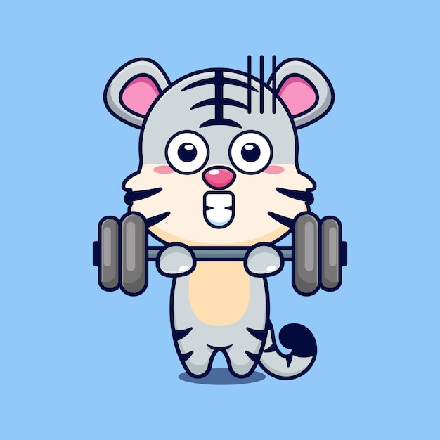 White tiger lifting barbell cartoon vector illustration