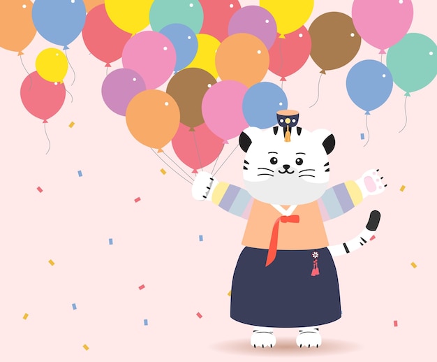 Tigre bianca che è scesa in un palloncino per celebrare il vettore di compleanno del set di illustrazioni di capodanno