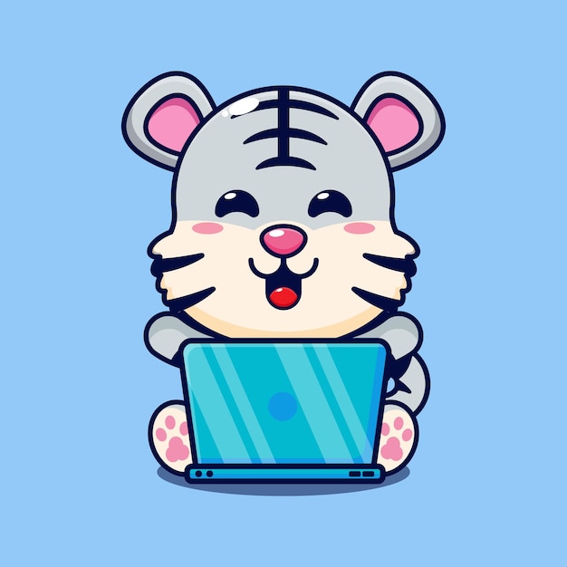 white tiger with laptop cartoon vector illustration