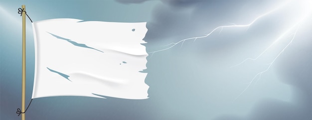 Vector white torn flag waving on a lightning sky background. surrender flag vector banner.