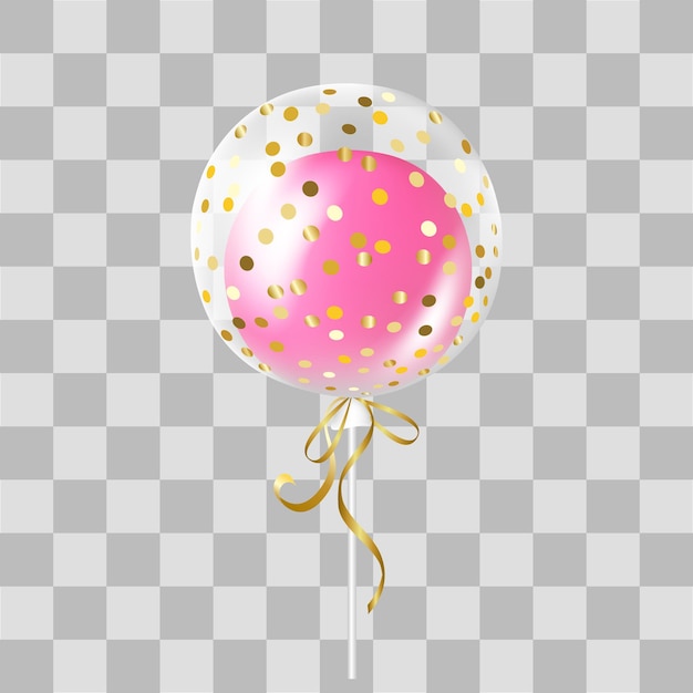 White transparent balloon with gold confetti and pink balloon inside
