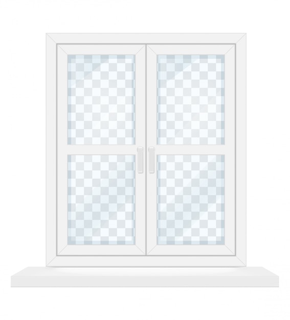 Белое прозрачное пластиковое окно с подоконником