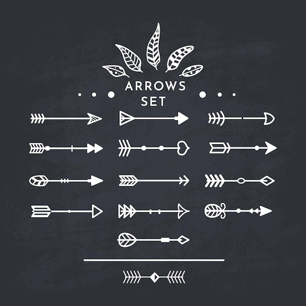 Vector white tribal arrow in new modern style. chalkboard arrows hand drawn icons set on the black blackboard.