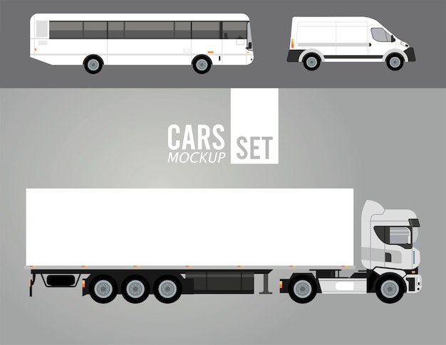 Vector white truck and bus with mini van mockup cars vehicles