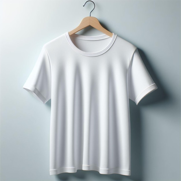 White Tshirt mockup hanging on hanger with calm background color and studio lighting