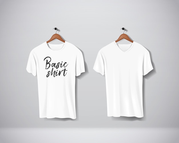 Vector white tshirts mockup clothes with lettering an v and round neck hanging on wall