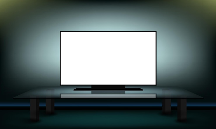 Vector white tv screen in darkness in room on glass table