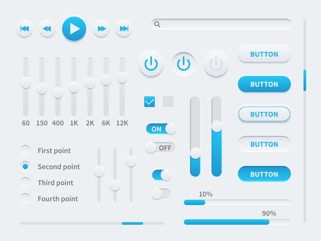 Interfaccia utente bianca. elementi dell'interfaccia utente in blu e bianco per app mobile, siti web, pulsanti di visualizzazione dei social media, cursori e selettori, set di interruttori modello di illustrazione vettoriale