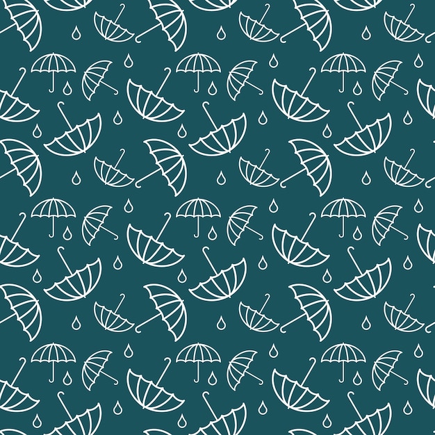 White umbrellas with rain drops on green background seamless pattern