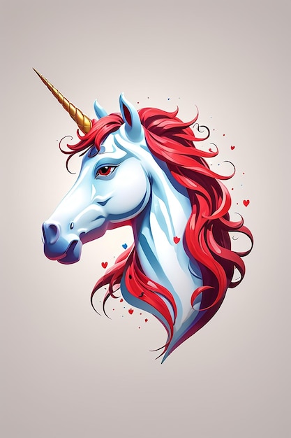 White unicorn vector head with horn and red hair on white background