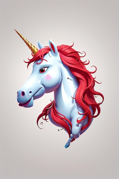 White unicorn vector head with horn and red hair on white background