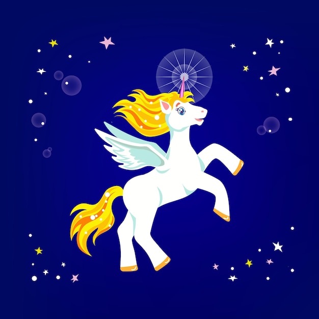 White unicorn with wings jumping in colourful stars