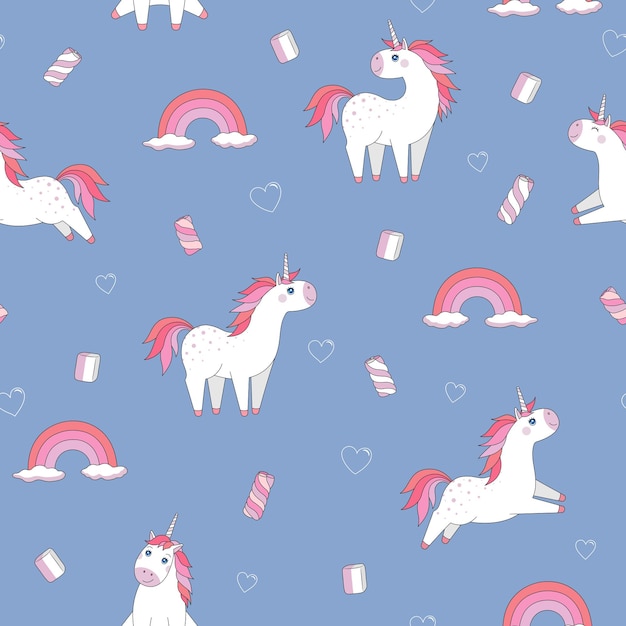 Vector white unicorns with a pink mane on a blue background. hearts, pink clouds, pink rainbow. seamless pattern. for wallpaper, covers, textiles, wrapping paper. vector illustration