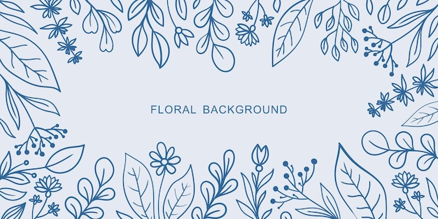 青い落書きの花と端に小枝を持つ白いベクトルの背景