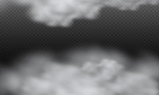 暗い市松模様の背景に白いベクトル曇り霧または煙曇り空または都市上のスモッグのセットベクトル図