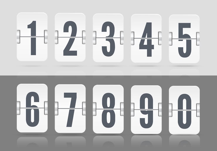 Vector white vector numeric template for your design. set of flip scoreboard with reflections floating on different height including numbers and symbols for countdown timer on light and dark background.