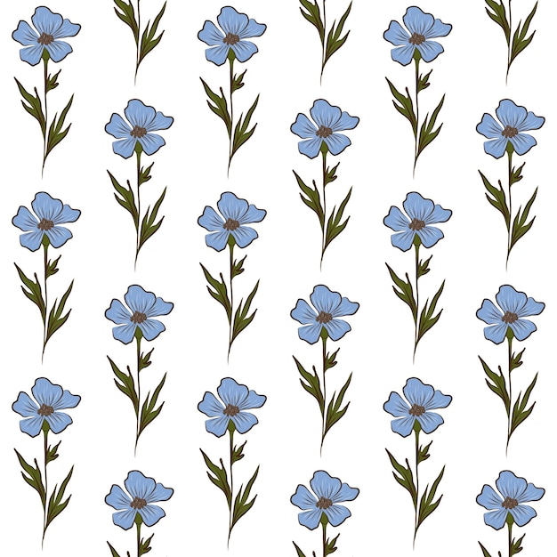 WHITE VECTOR SEAMLESS BACKGROUND WITH LIGHT BLUE FLAX WILDFLOWERS