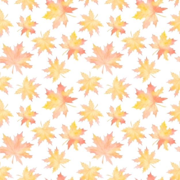 WHITE VECTOR SEAMLESS PATTERN WITH WATERCOLOR YELLOWING MAPLE LEAVES