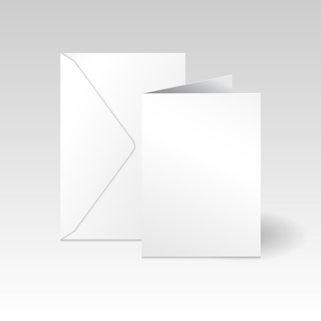 Vector white vertical greeting card and envelope mockup template on light gradient gray background