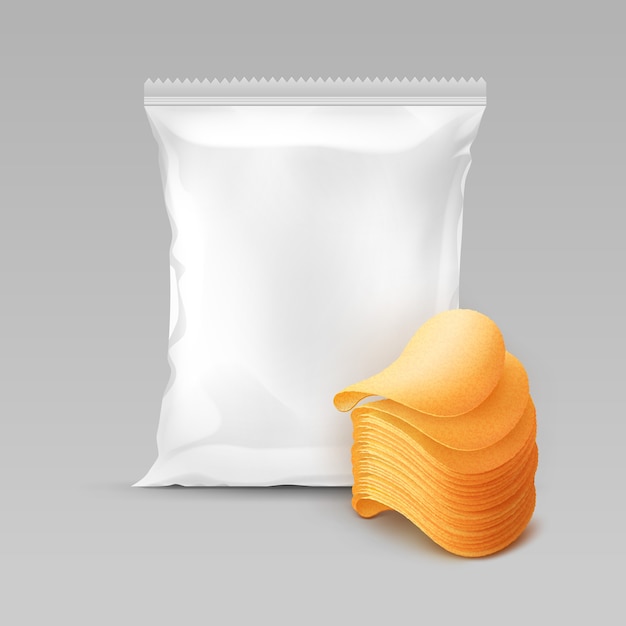 Vector white vertical sealed foil plastic bag for package design with stack of potato crispy chips