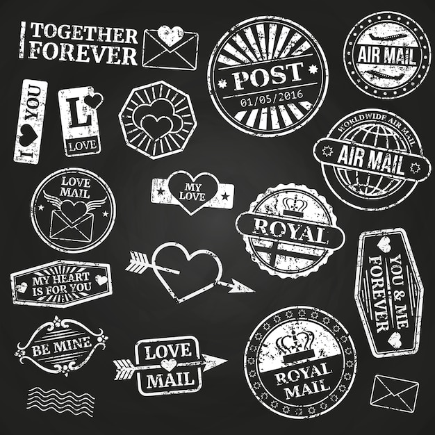 Vector white vintage post stamps collection on blackboard