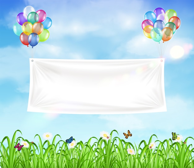 white vinyl banner floating with colorful balloon