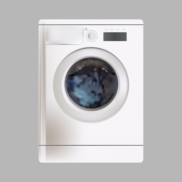 A white washing machine with a blue circle on the front.