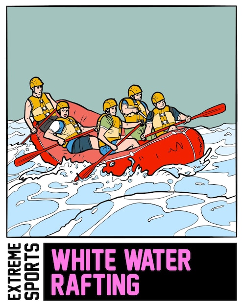 Illustrazione di sport estremi di rafting in acque bianche con sfondo