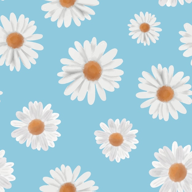 White watercolor chamomile flowers seamless pattern