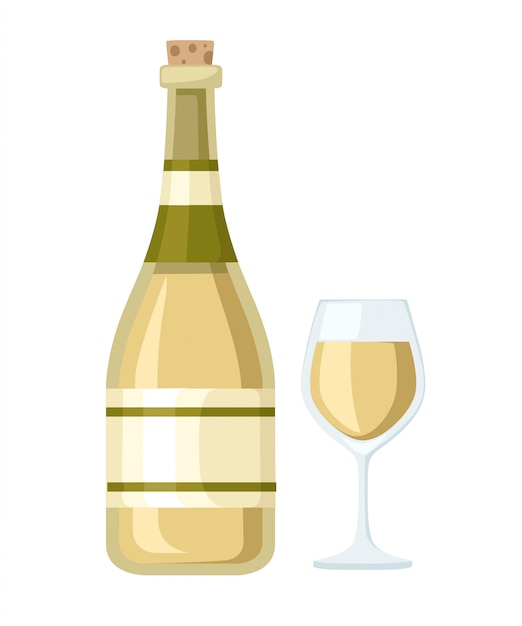 White wine bottle and glass cup. bottle with label.   illustration  on white background