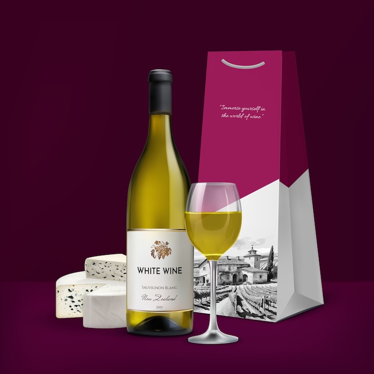 Vector white wine bottle, glass and gift bag