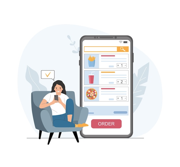 Vector a white woman in a home chair orders food through an application on a smartphone vector illustration