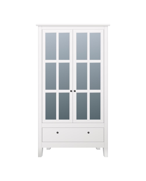 White wooden cabinet with glass doors realistic vector illustration