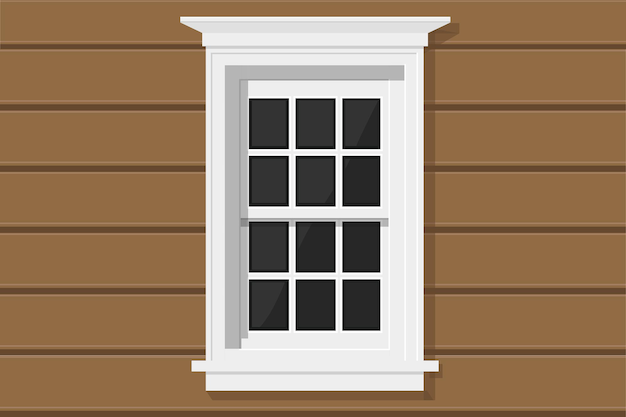 A white wooden window with glass in a beige wooden house