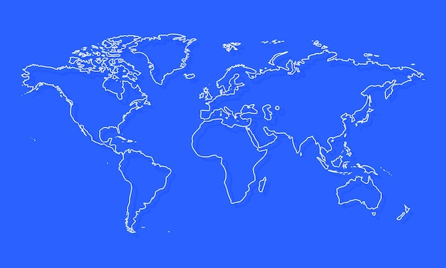 Vector white world map outlines isolated on blue background, abstract art illustration