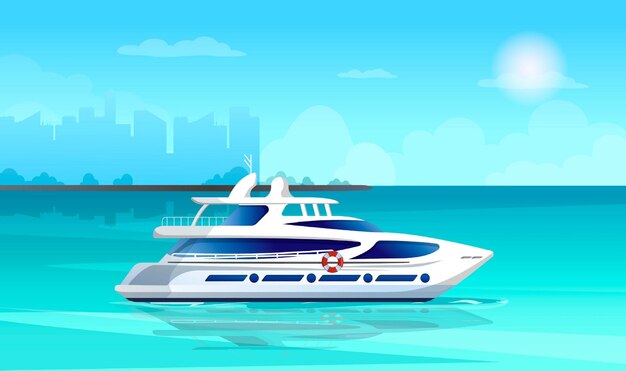 Vector a white yacht in the azure sea with the city landscape in the background snowwhite boat against the backdrop of the urban landscape vector illustration