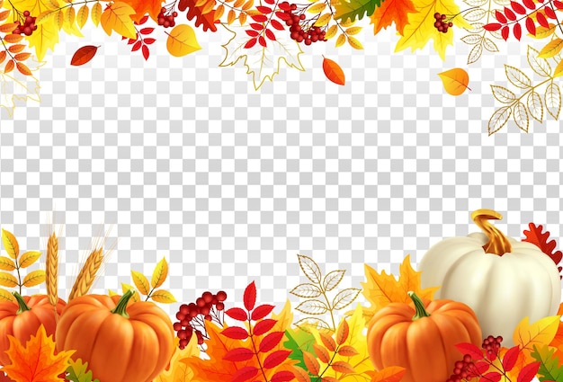 White and yellow pumpkins orange leaves on transparent background autumn festival invitation border ...