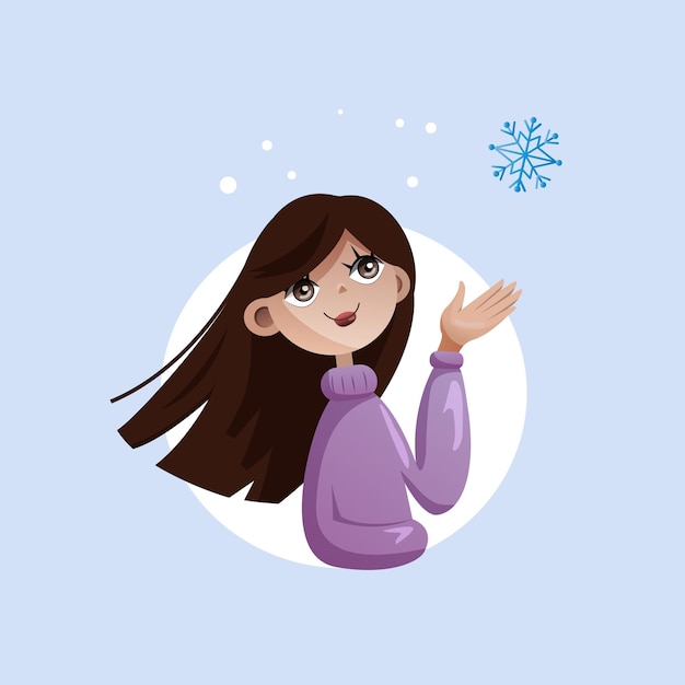 White young girl in a purple sweater catches the first snowflake with her hand