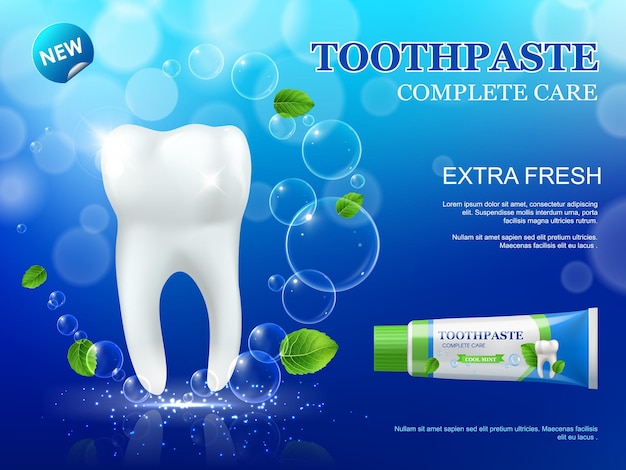 Vector whitening mint toothpaste and tooth, dental care