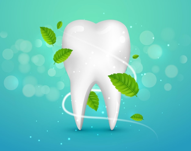 Annunci di sbiancamento dei denti, con foglie di menta su sfondo verde. la menta verde lascia il concetto fresco pulito. salute dei denti.