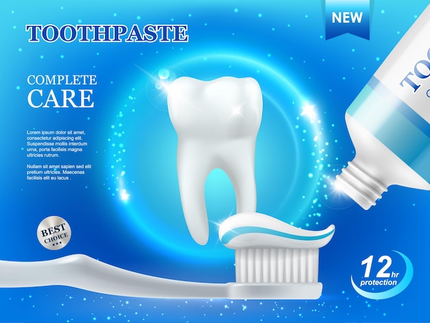 Dentifricio e spazzolino sbiancante, cure dentistiche, poster pubblicitario vettoriale per la pulizia dei denti con dente bianco sano e tubo con pasta su sfondo blu con bagliori luminosi prodotto per la protezione e la riparazione della placca