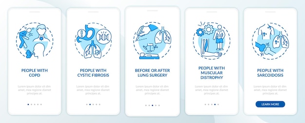 Who needs pulmonary rehabilitation blue onboarding mobile app page screen. Walkthrough 5 steps graphic instructions with concepts. UI, UX, GUI vector template with linear color illustrations