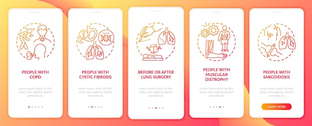 Who needs pulmonary rehabilitation red gradient onboarding mobile app page screen. walkthrough 5 steps graphic instructions with concepts. ui, ux, gui vector template with linear color illustrations