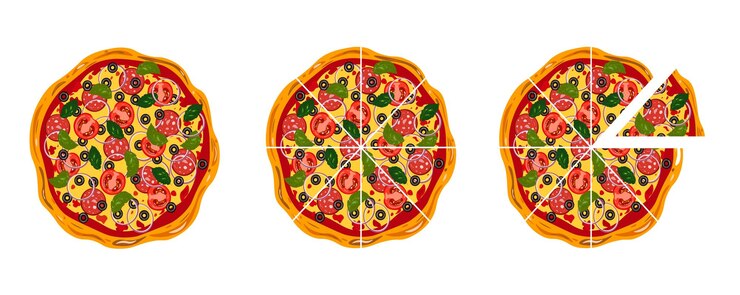 Vector whole and chopped pizza in flat style vector set on white background top view meal italian pizza
