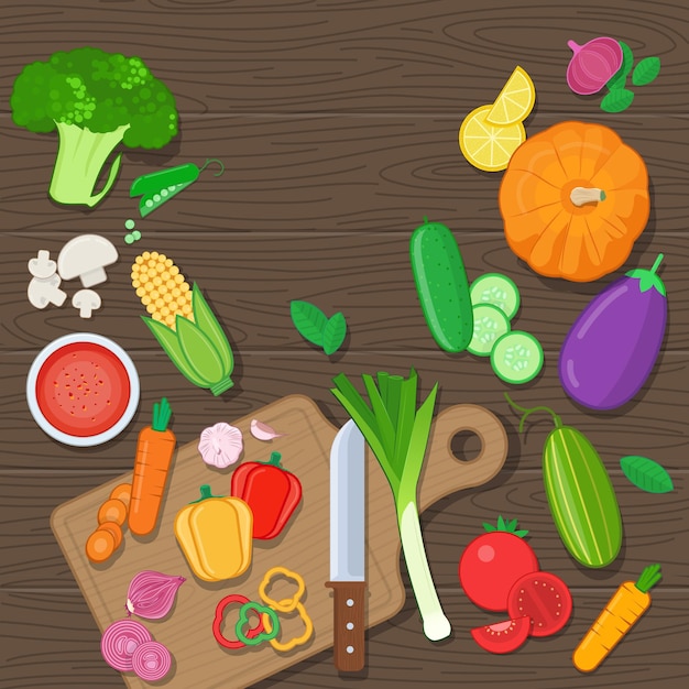 Целые и нарезанные овощи на деревянном фоне векторные иллюстрации